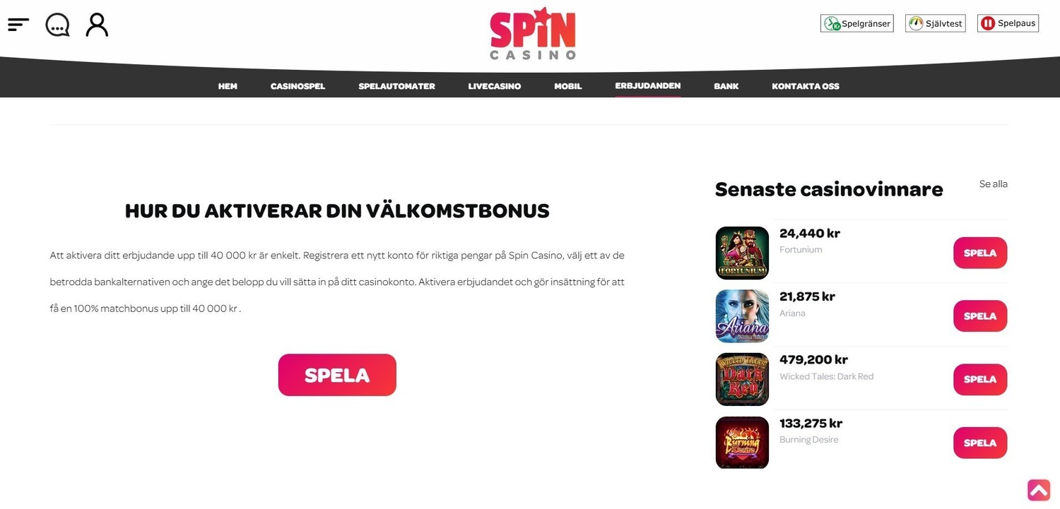 Spin casino valkomstbonus
